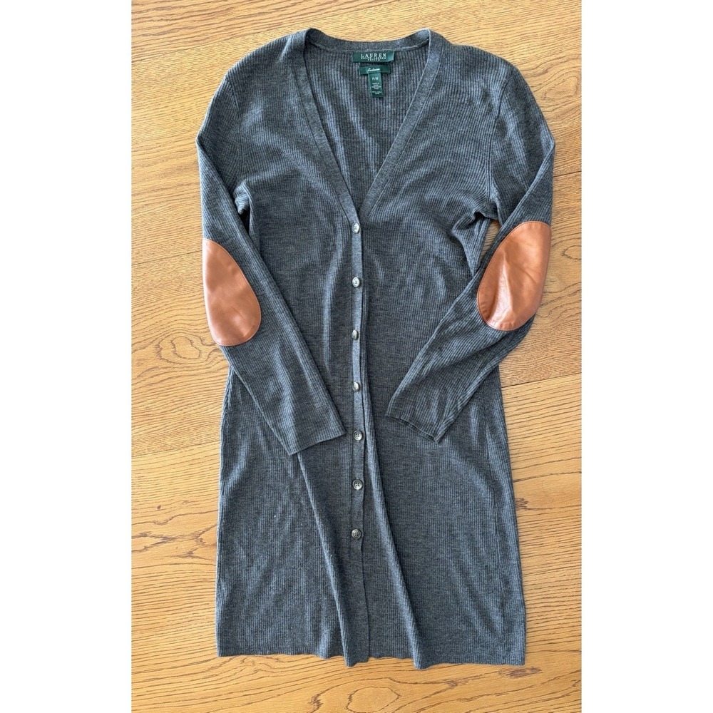 Ralph Lauren Vintage Women's Wool Button Down Dress Leather Elbow Patches Petite